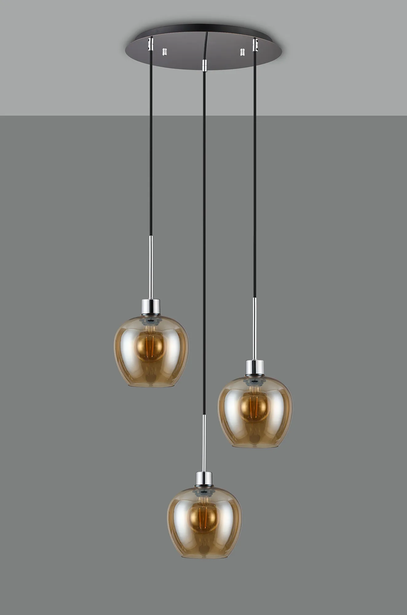 Lori 40cm Round Pendant, 3 Light Adjustable E27, Polished Chrome/Amber Wine Shades DK1276  Deco Lori Polished Chrome